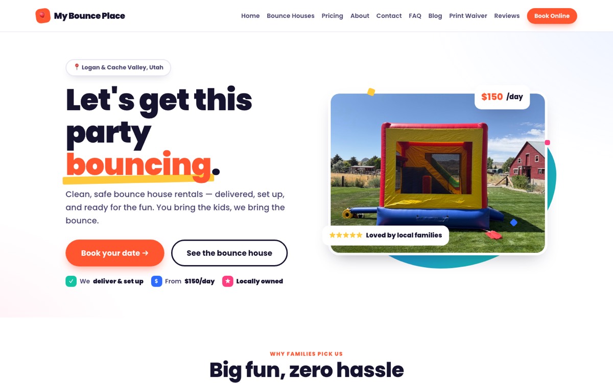 My Bounce Place — a real bounce house rental website built by GetRentalSite